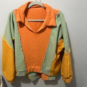 Colorblock Fleece Pullover Jacket - Orange, Green, Yellow